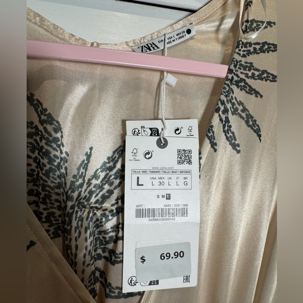 NWT Zara Wrinkled Effect Printed Satin Maxi Dress in Ecru, Size Large - Picture 8 of 8